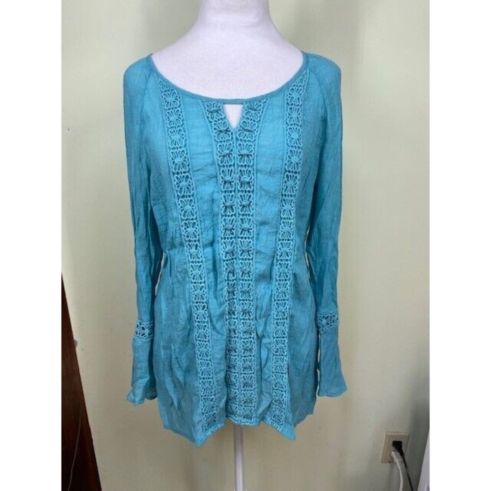 Krazy Kat Sz M Lightweight Tunic Turquoise Crinkle Chiffon Crochet Trim Bohemian